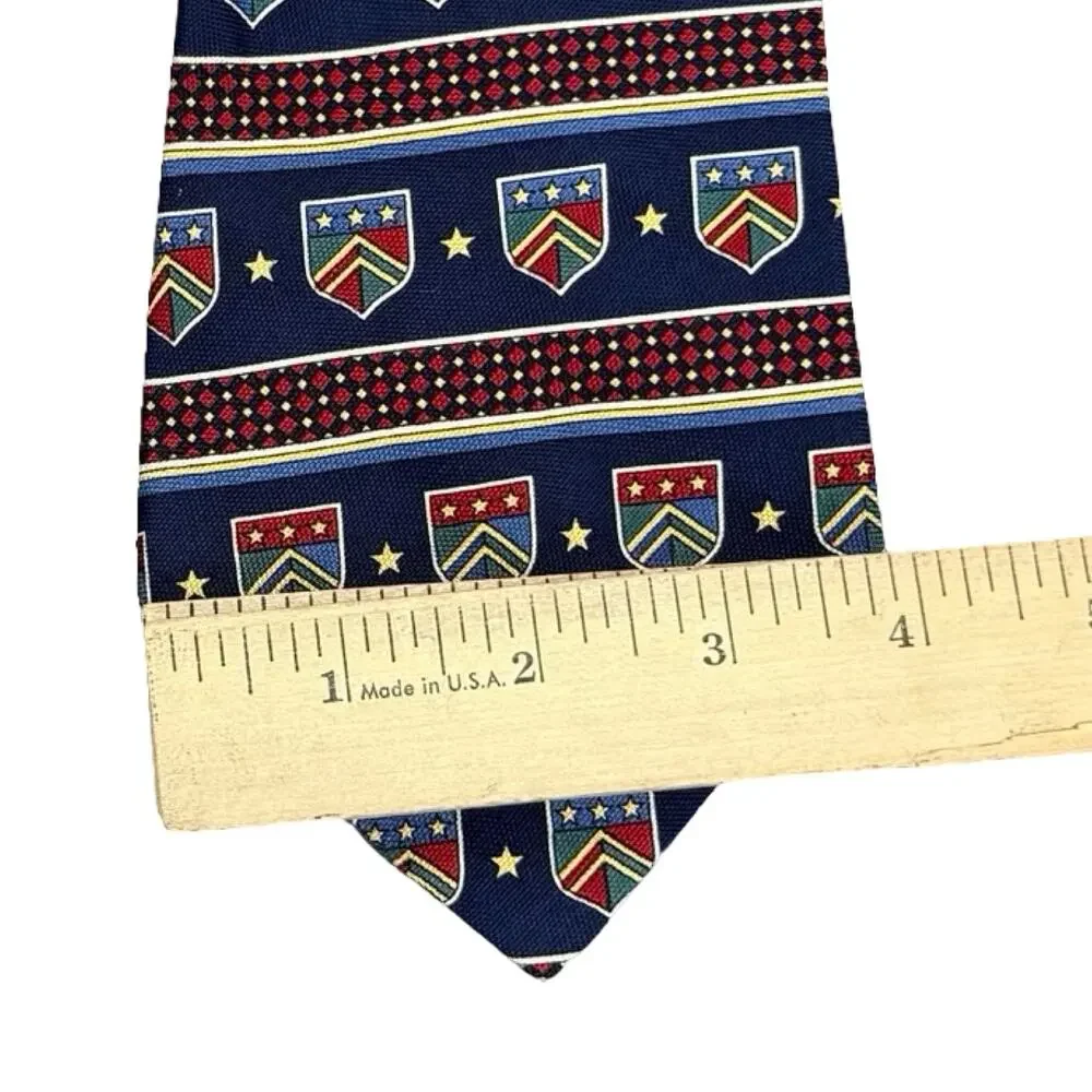 Vintage Tommy Hilfiger Shield Crest Logo 100% Silk Blue Red Stars Tie Necktie